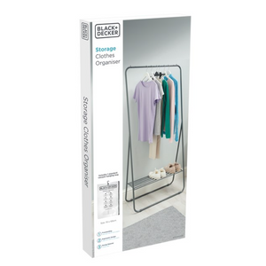 Black and Decker storage clothes organiser featuring a metal rail rack with various colored garments including purple, grey, teal and blue clothing items displayed with shoes on the lower shelf, shown in product packaging box