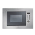 Candy 20 litre built-in microwave with grill in stainless steel featuring a dark tinted glass door, digital display, control panel with buttons and rotary dial on the right side