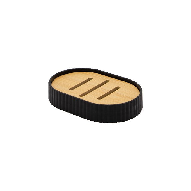 Black and natural wood oval soap dish with ridged sides and three drainage grooves on bamboo top surface