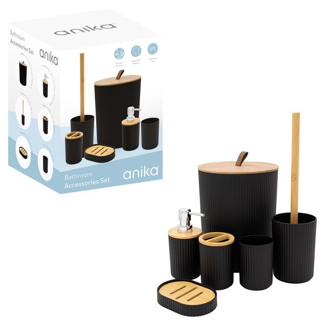 Anika 6-piece black bathroom accessory set with natural bamboo wood accents including soap dispenser, toothbrush holder, toilet brush, waste bin, soap dish and tumbler displayed with original packaging box