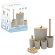 Anika 6-piece bathroom accessory set in stone grey featuring ceramic containers with bamboo lids and accents, including toilet brush holder, soap dispenser, toothbrush holder, soap dish and waste bin, displayed with product packaging box