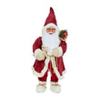 Large decorative Papa Noel Santa figure 45cm tall wearing burgundy red quilted coat with white fur trim, red pointed hat, white beard and glasses, holding a small teddy bear and festive wreath with red ribbon, standing on white fur-trimmed boots