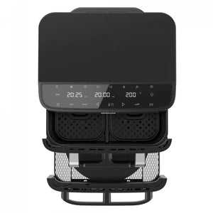 Top-down view of Cecotec Cecofry FoodCourt Air Dryer and Pizza Oven, 18 litre black stainless steel unit with digital display showing temperature and time settings, dual cooking baskets with perforated surfaces, and control panel with multiple function buttons