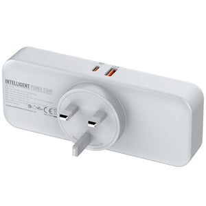 White intelligent power strip with multiple outlets and USB ports on a white background