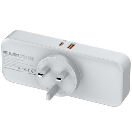 White intelligent power strip with multiple outlets and USB ports on a white background
