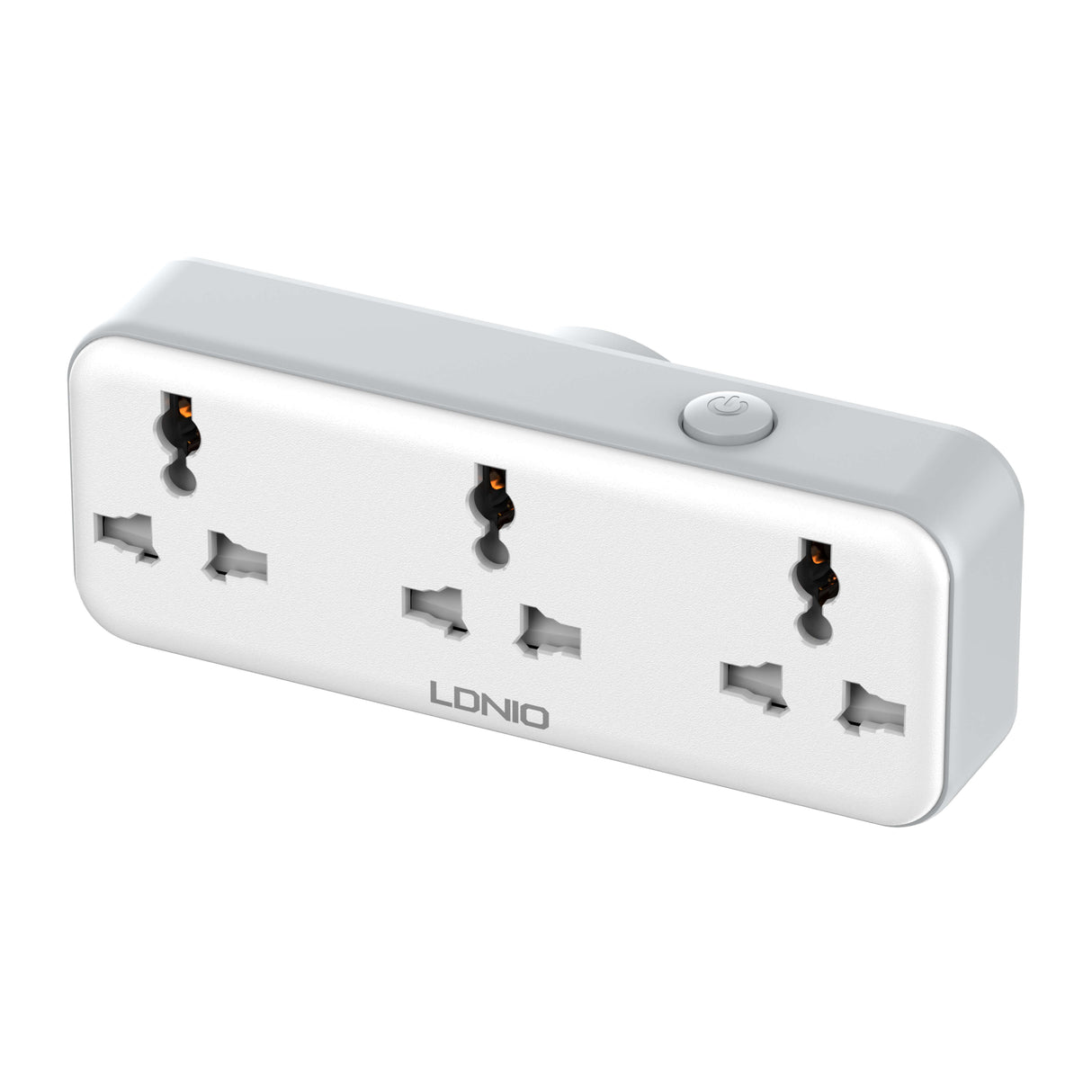 White power strip with multiple sockets on a white background