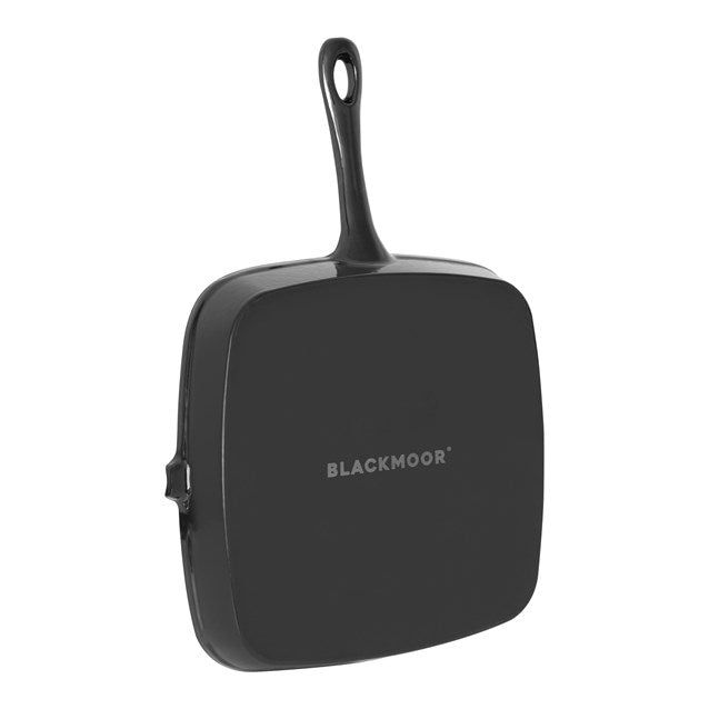 Black Blackmoor cast iron griddle pan 23.5cm with handle displayed against white background