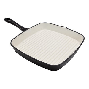 Black cast iron square griddle pan with cream ceramic interior and ridged cooking surface, 23.5cm, featuring a long black handle