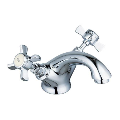 Chrome bathroom faucet with two handles on a white background
