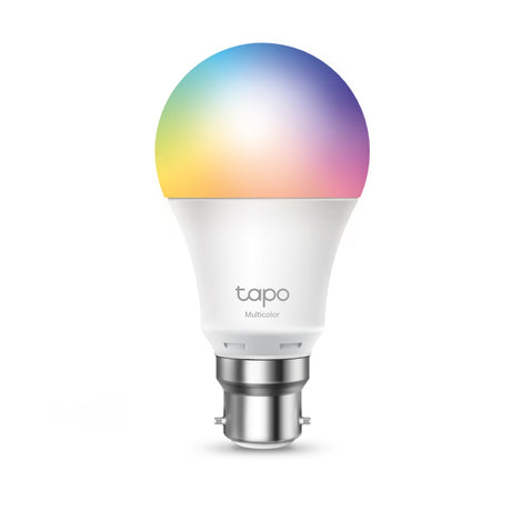 TP-Link Tapo multicolor smart light bulb with B22 bayonet fitting displaying rainbow gradient colors from yellow to pink to blue on white plastic base with metallic silver socket