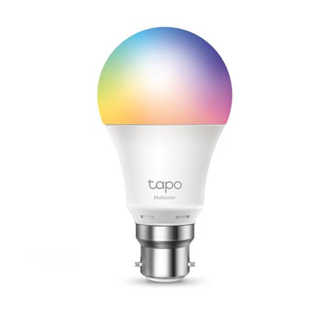 TP-Link Tapo multicolor smart LED light bulb with B22 bayonet fitting displaying rainbow gradient from blue and purple at top through pink, orange and yellow at bottom, white plastic base with chrome metal screw collar on white background