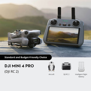 DJI Mini 4 Pro drone with DJI RC 2 controller displayed against mountainous landscape backdrop, showing white aircraft with dual cameras, gray remote controller with dual joysticks and screen displaying aerial footage, and intelligent flight battery, labeled as standard and budget-friendly choice