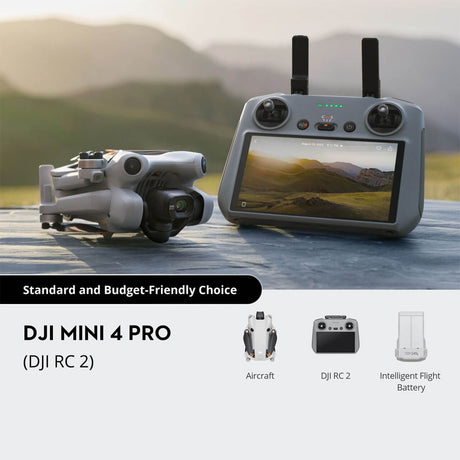 DJI Mini 4 Pro drone with DJI RC 2 controller displayed against mountainous landscape backdrop, showing white aircraft with dual cameras, gray remote controller with dual joysticks and screen displaying aerial footage, and intelligent flight battery, labeled as standard and budget-friendly choice