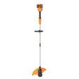 A Worx Power Share Cordless Grass String Trimmer with a 33cm cutting diameter. The trimmer is shown with two 20V batteries attached to the top and an orange and black color scheme.