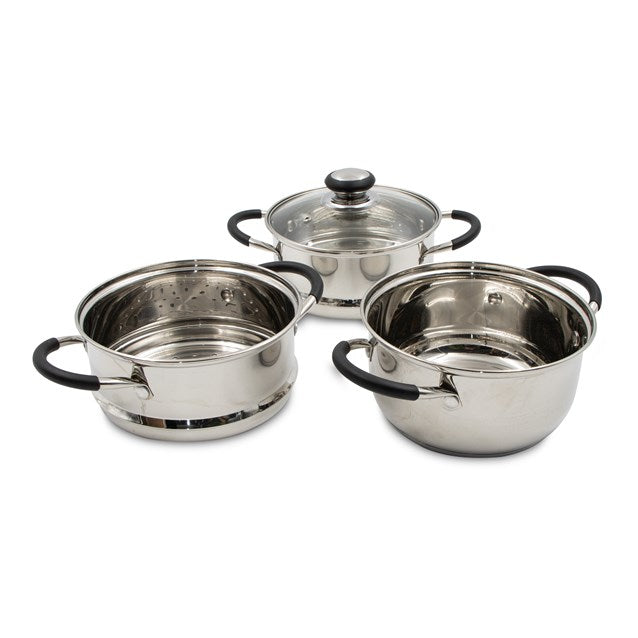 Three-piece stainless steel cookware set consisting of two large pots with glass lids and black handles, and one smaller pot with matching glass lid and black handles, arranged on white background