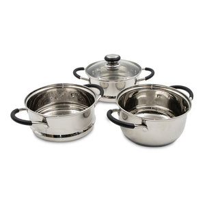 Three-piece stainless steel cookware set consisting of two large pots with glass lids and black handles, and one smaller pot with matching glass lid and black handles, arranged on white background