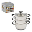 Blackmoor 20cm 3 tier stainless steel steamer pot with glass lid, black handles and packaging box displayed against white background