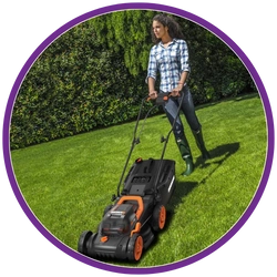 Person using a lawn mower on a grassy area with a purple border.