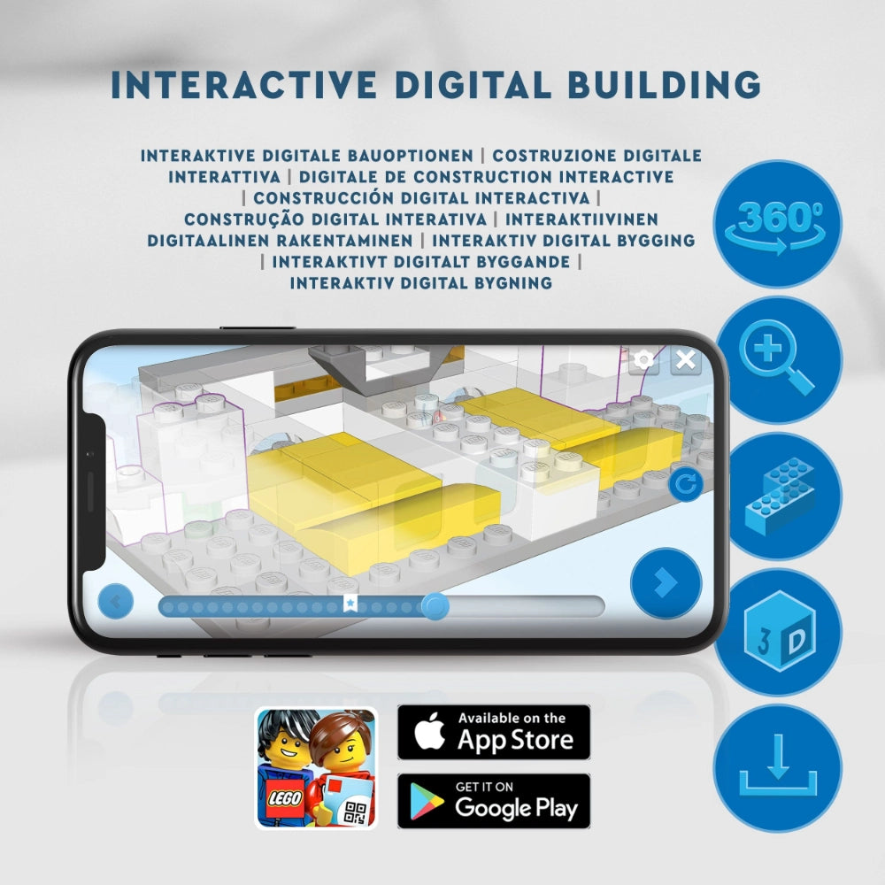 Interactive digital building app interface displayed on smartphone showing 3D architectural visualization with yellow structural elements, surrounded by multilingual text and blue control icons, featuring LEGO branding and App Store and Google Play download buttons