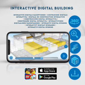Interactive digital building app interface displayed on smartphone showing 3D architectural visualization with yellow structural elements, surrounded by multilingual text and blue control icons, featuring LEGO branding and App Store and Google Play download buttons