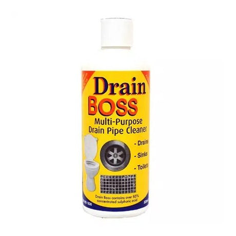 Drain Boss Multi-Purpose Drain Pipe Cleaner 500ml bottle with yellow label and white cap, showing product images for drains, sinks and toilets
