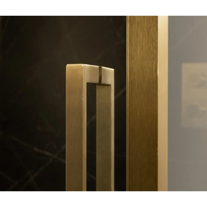 Merlyn 6 Series Sleek brushed brass sliding shower door with handle detail against dark background, showing modern minimalist design and finish