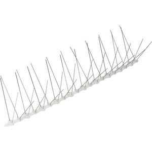 Professional stainless steel bird spikes with flexible wire prongs mounted on a gray polyurethane base strip, shown in a row against a white background