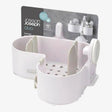 Joseph Joseph Duo Corner white shower caddy with multiple storage compartments, suction cups, and hanging organizers displayed with packaging against white background