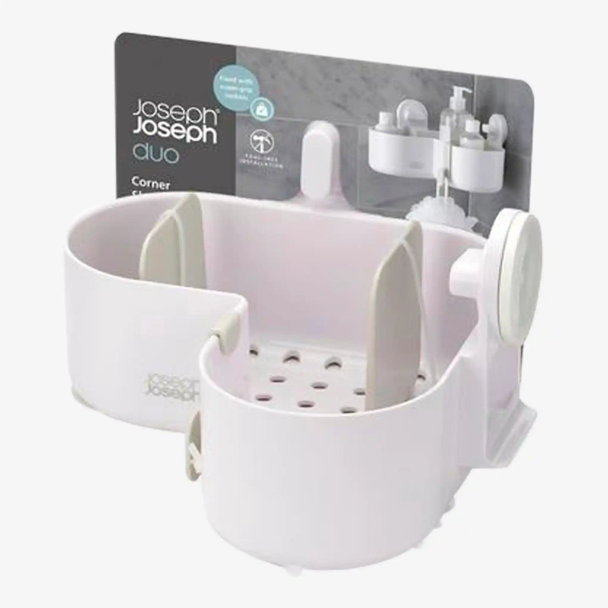 Joseph Joseph Duo Corner white shower caddy with multiple storage compartments, suction cups, and hanging organizers displayed with packaging against white background