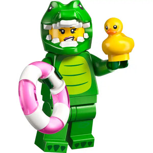 LEGO minifigure of a green crocodile character with yellow face, white teeth, pink and white life ring, holding a yellow rubber duck, from LEGO Animals Series 28