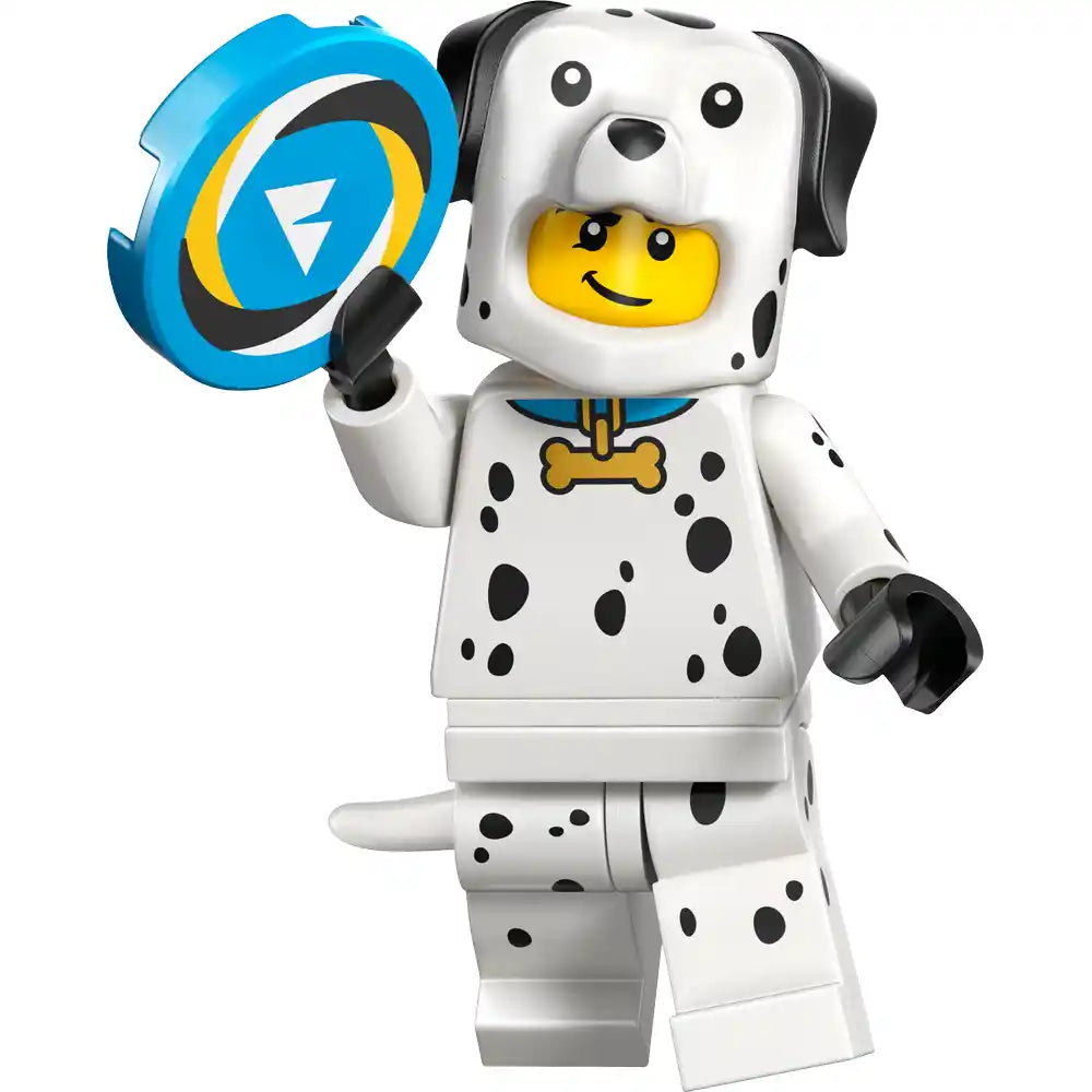 LEGO minifigure dalmatian dog with white body, black spots, yellow smiling face, black ears, gold bone collar and blue circular shield accessory from Series 28 Animals collection 71051