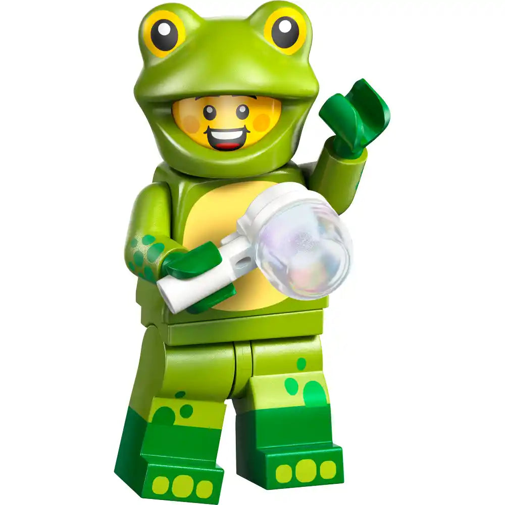 LEGO minifigure frog character from series 28 with bright green body, yellow face with smiling expression, holding a clear bubble accessory, featuring articulated limbs and spotted leg details