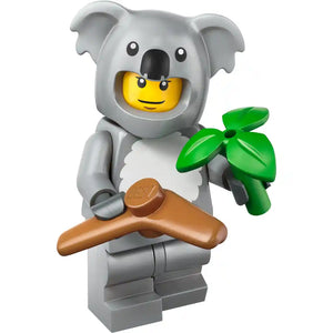 LEGO minifigure koala character with gray body, yellow smiling face, white belly patch, holding brown branch and green eucalyptus leaves, from LEGO Animals Series 28 set 71051
