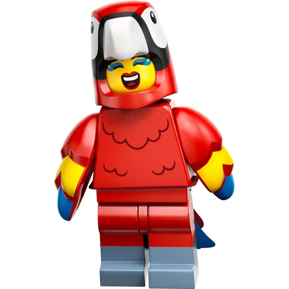 LEGO minifigure parrot with red body, yellow wings, blue tail feathers, and smiling yellow head with blue curved markings from Animals Series 28