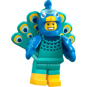 LEGO minifigure peacock character with blue head and body, turquoise and yellow peacock tail feathers, yellow beak, blue arms and legs with yellow feet from Series 28 Animals collection 71051
