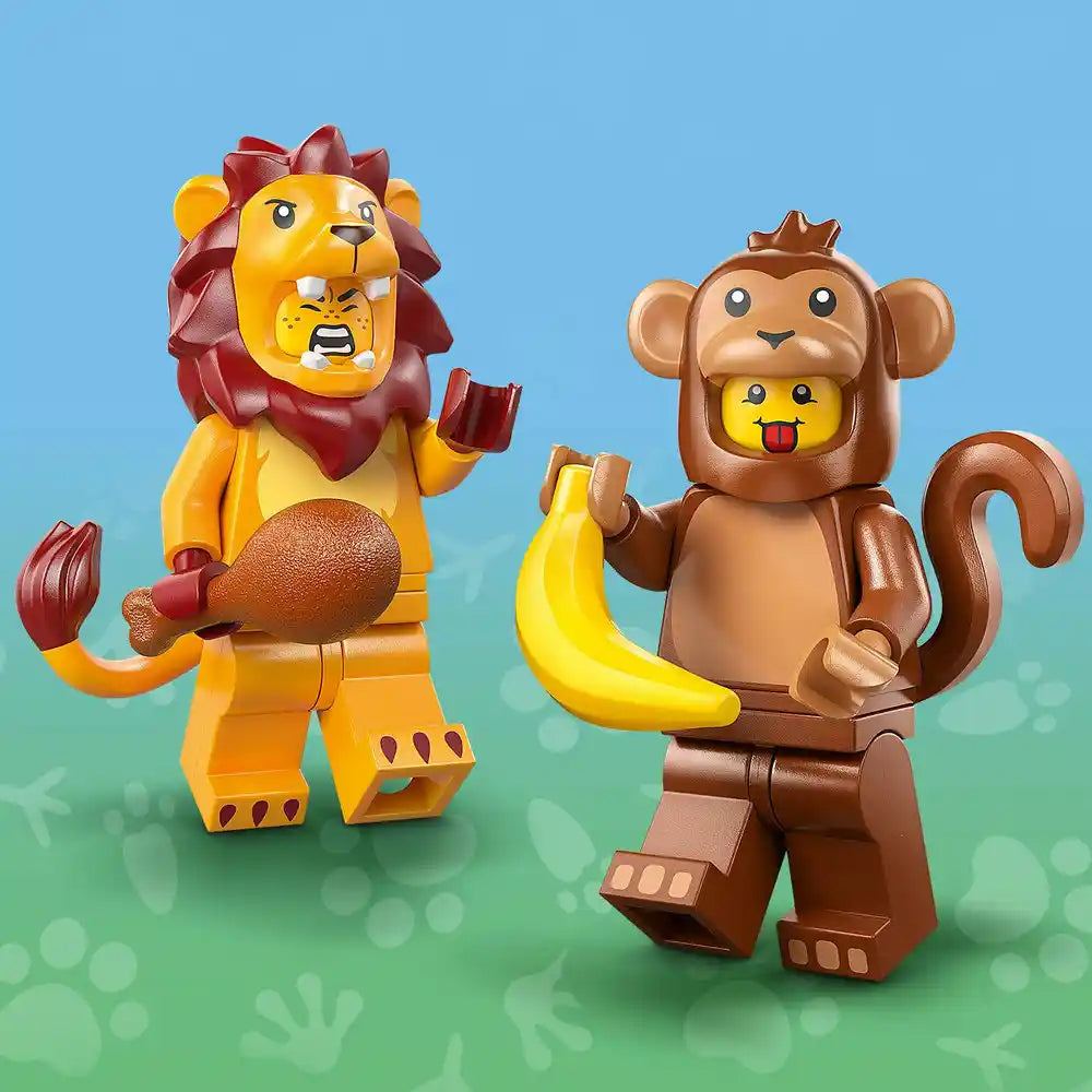Two LEGO minifigures from Series 28 against a blue and green gradient background: a yellow lion with red mane holding a brown chicken leg, and a brown monkey holding a yellow banana with a small yellow monkey face on its chest