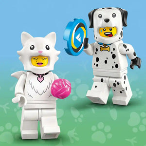 Two white LEGO minifigures with animal heads against a blue and green gradient background. Left figure features a white cat head with pink nose and yellow smiling face, holding a pink ball and wearing a heart necklace. Right figure displays a white dog head with black spots and yellow happy face, holding a blue circular disc with yellow center and wearing a gold bone pendant. Both figures have yellow emoji-style mouths and represent LEGO Animals Series 28