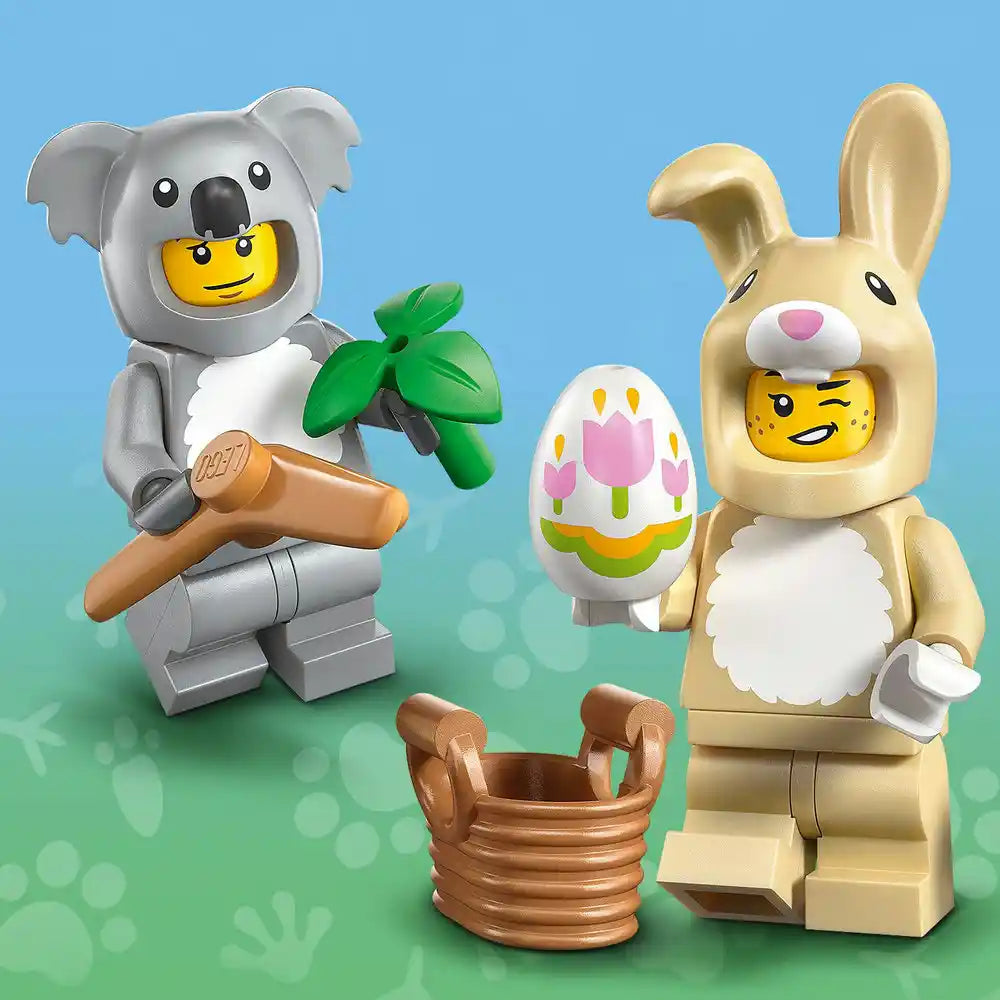 LEGO minifigures from Animals Series 28 including a gray koala with eucalyptus leaves, a tan rabbit with pink nose, decorated Easter egg, and woven basket on blue and green gradient background