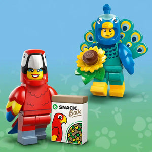 LEGO minifigures from Animals Series 28 including a red parrot character with yellow wings, a blue and green peacock with yellow flower accessory, and a snack box, displayed against a blue and green gradient background