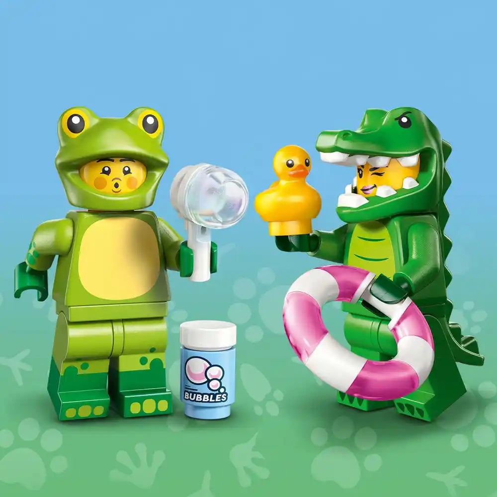 LEGO minifigures from Animals Series 28 including green frog character with yellow face, crocodile with pink and white floatie ring, yellow duck, and bubble-blowing accessories on gradient blue and green background