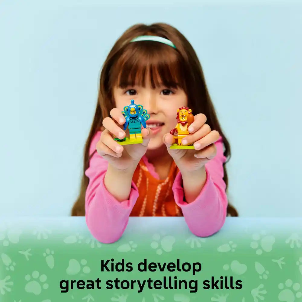 Young child wearing pink long-sleeved shirt and white headband holding two colorful LEGO minifigures - a blue peacock and yellow lion - against light blue background with green grass pattern and text stating Kids develop great storytelling skills