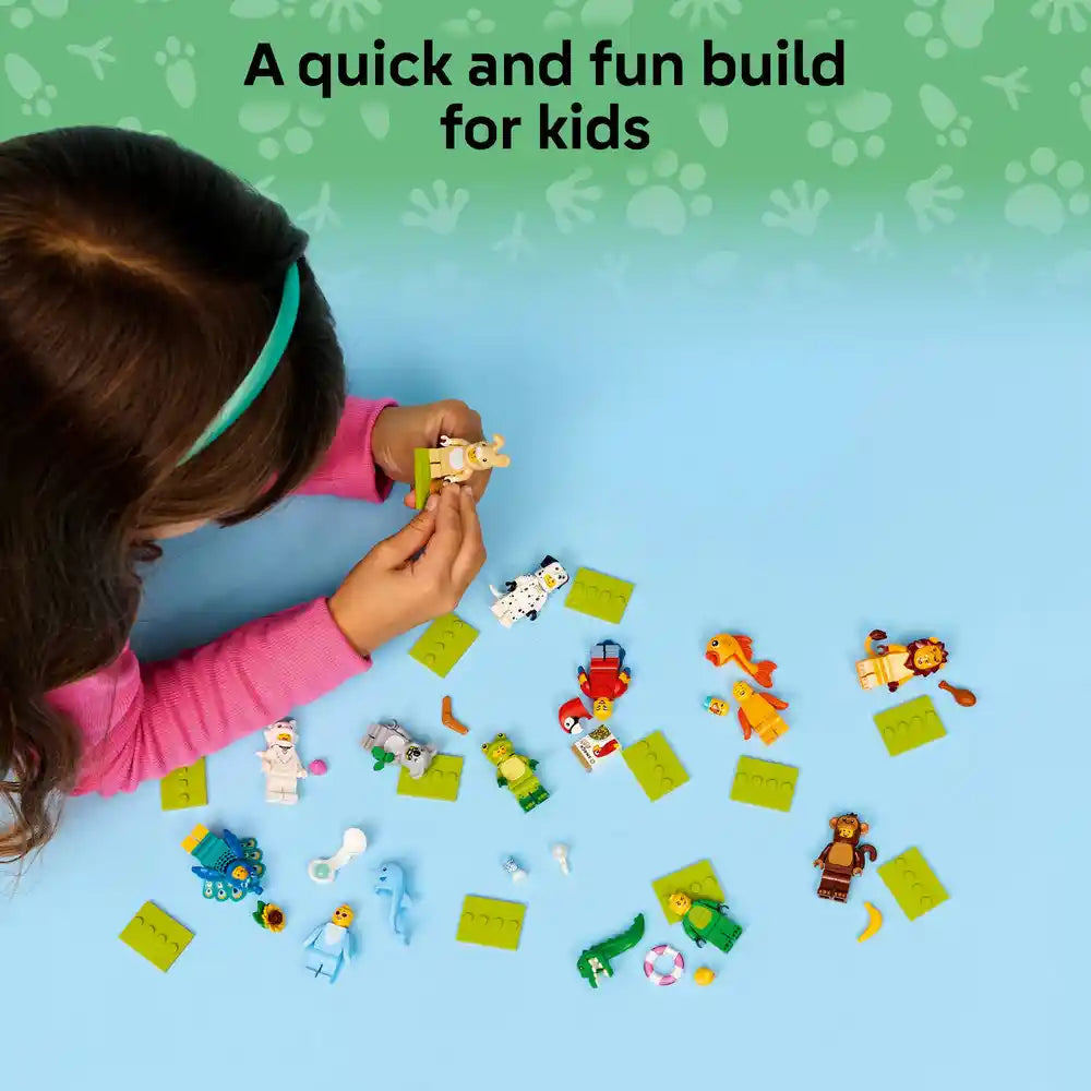 A child wearing a pink shirt and green headband holds a yellow LEGO minifigure above a blue surface displaying multiple colorful LEGO animals from Series 28, including bright green baseplate pieces, with the text "A quick and fun build for kids" above