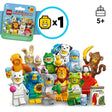LEGO Minifigures Animals Series 28 set 71051 featuring colorful animal-themed minifigures including lion, bunny, dinosaur, peacock, dalmatian dog, koala, monkey and frog characters with accessories against white background, age 5 plus