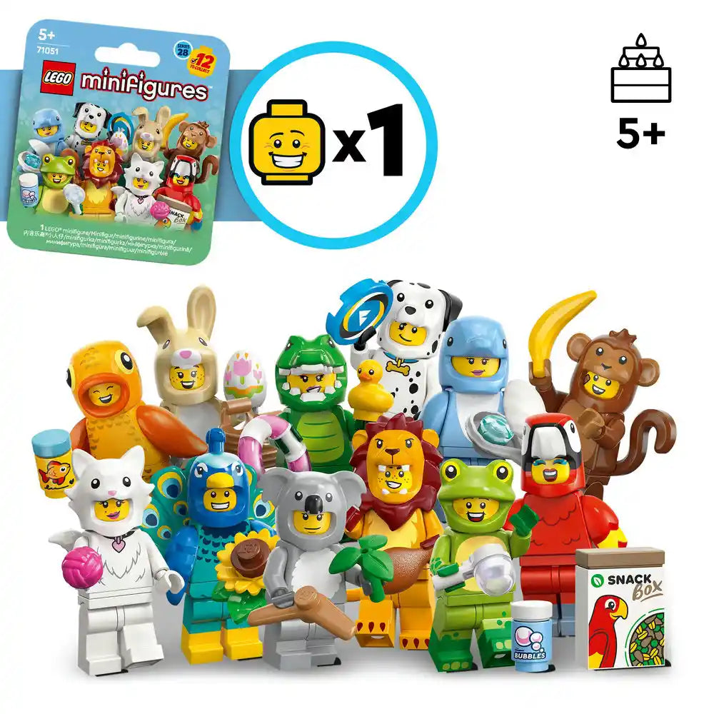 LEGO Minifigures Animals Series 28 set 71051 featuring colorful animal-themed minifigures including lion, bunny, dinosaur, peacock, dalmatian dog, koala, monkey and frog characters with accessories against white background, age 5 plus