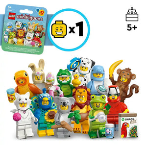 LEGO Minifigures Animals Series 28 set 71051 featuring colorful animal-themed minifigures including lion, bunny, dinosaur, peacock, dalmatian dog, koala, monkey and frog characters with accessories against white background, age 5 plus