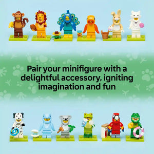 LEGO Minifigures Series 28 animal characters displayed on green bases showing twelve colorful figures including a monkey, lion, peacock, duck, llama, bunny, dalmatian dog, hippo, koala, frog, parrot and crocodile with various themed accessories against a light blue background