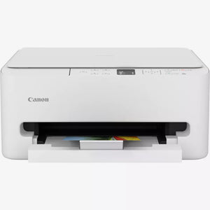 Canon TS6550i white all-in-one wireless inkjet printer with paper tray open showing color printed output