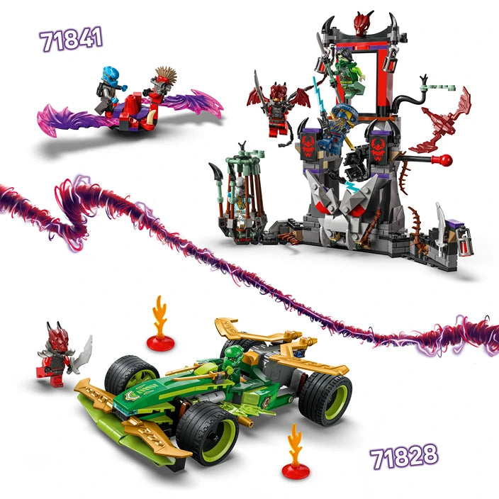 LEGO Ninjago Dragon Spinjitzu Battle Pack 71841 and 71828 featuring colorful minifigures, purple dragon spinner vehicle, green racing car with gold accents, and red fortress playset with demon warrior figures and flame accessories