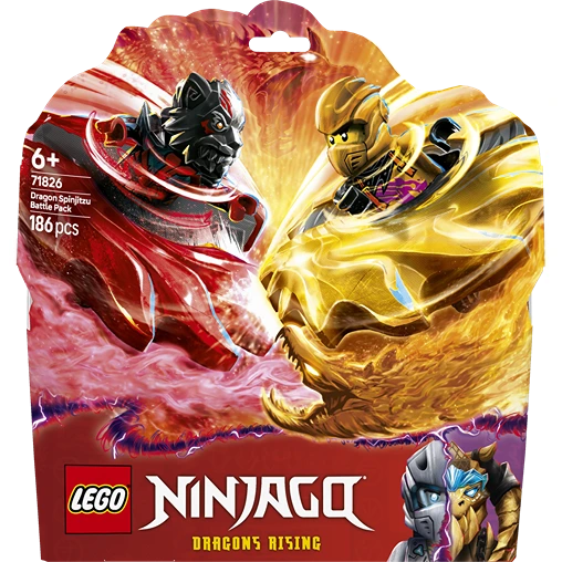 LEGO NINJAGO Dragons Rising 71826 Dragon Spinjitzu Battle Pack featuring red and gold ninja minifigures with spinning dragons, 186 pieces, age 6 plus