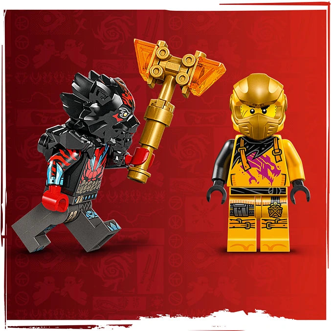 LEGO Ninjago Dragon Spinjitzu Battle Pack 71826 featuring black and red ninja minifigure with golden weapon and yellow ninja minifigure against red background